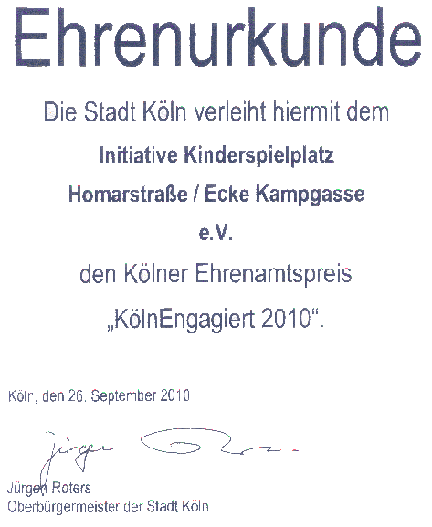 EHRENURKUNDE - Der Klner Ehrenamtspreis "KlnEngagiert 2010"