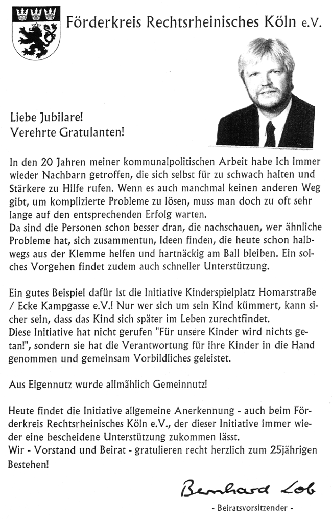 Grusswort zum 25-jhrigen Jubilum der Initiative vom Frderkreis Rechtsrheinisch Kln e.V. 