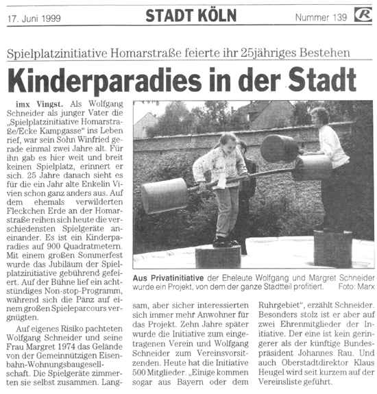 Artikel zum 25-jähriges Bestehen der InitiativeInitiative: "KINDERPARADIES" in der Stadt"