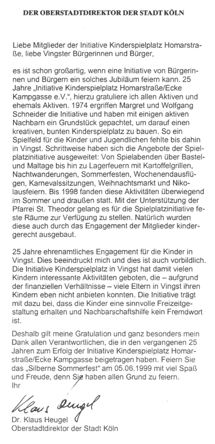 Bild: "Brief von Oberstadtdirektor der Stadt Kln,  Klaus Heugel zum 25zigsten Jubilum"- Initiative Kinderspielplatz Homarstrae / Ecke Kampgasse e.V., Kln Vingst