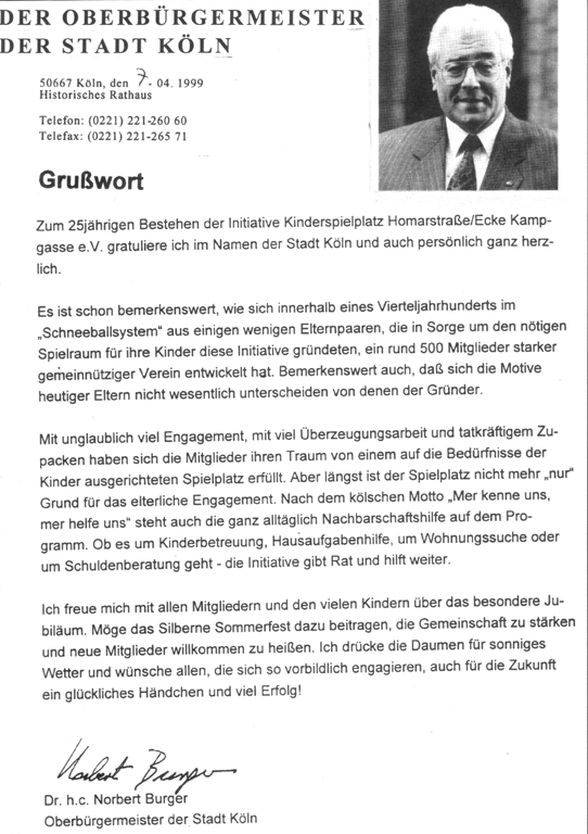 Bild: Gruwort von Oberbrgermeister Norbert Burger zum 25zigsten Jubilum"- Initiative Kinderspielplatz Homarstrae / Ecke Kampgasse e.V., Kln Vingst