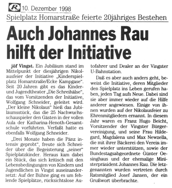 Auf der Nikolausfeier 1998 werden weitere Ehrenmitglieder der Initiative gekürt - Günter Oesinghaus sowie Johannes Rau